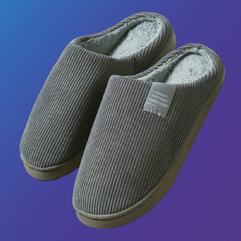 Gray Closed Toe Warm Plush Slip On Slippers Unisex Sz 44-45 US-12
